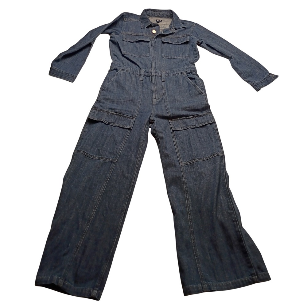 Gap Denim Utility Jumpsuit Women's 0 Petite Blue Cargo Pocket Long Sleeve Romper